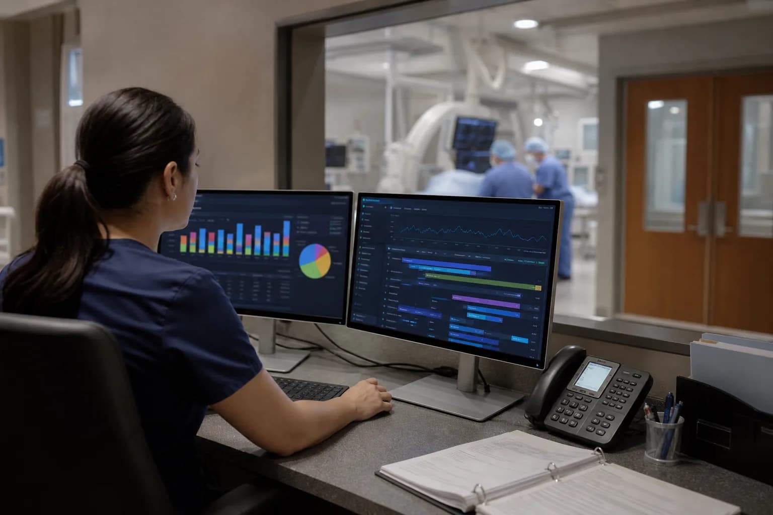 Command centre wall showing live bed, emergency and theatre status with staff at consoles