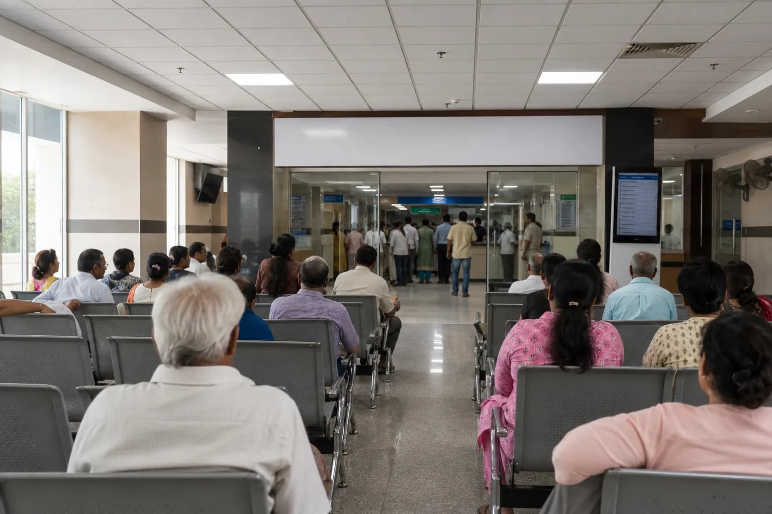 Per-room queue displays outside multiple consulting rooms in an OPD corridor