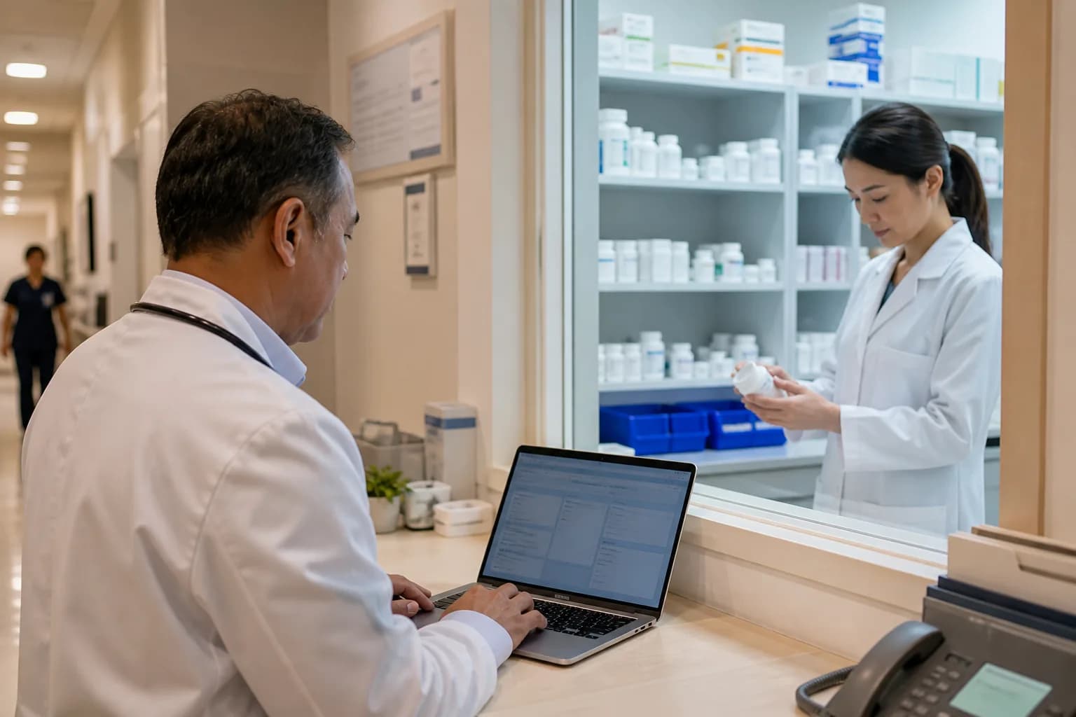 Physician e-prescribing while pharmacy prepares medicines in a connected EHR workflow