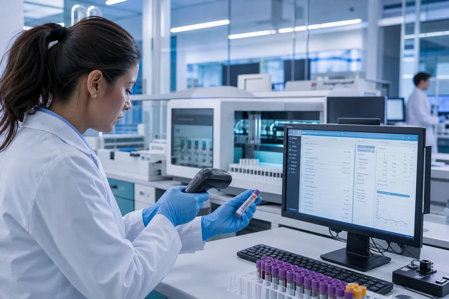 Hospital laboratory processing samples with EHR-connected result workflow