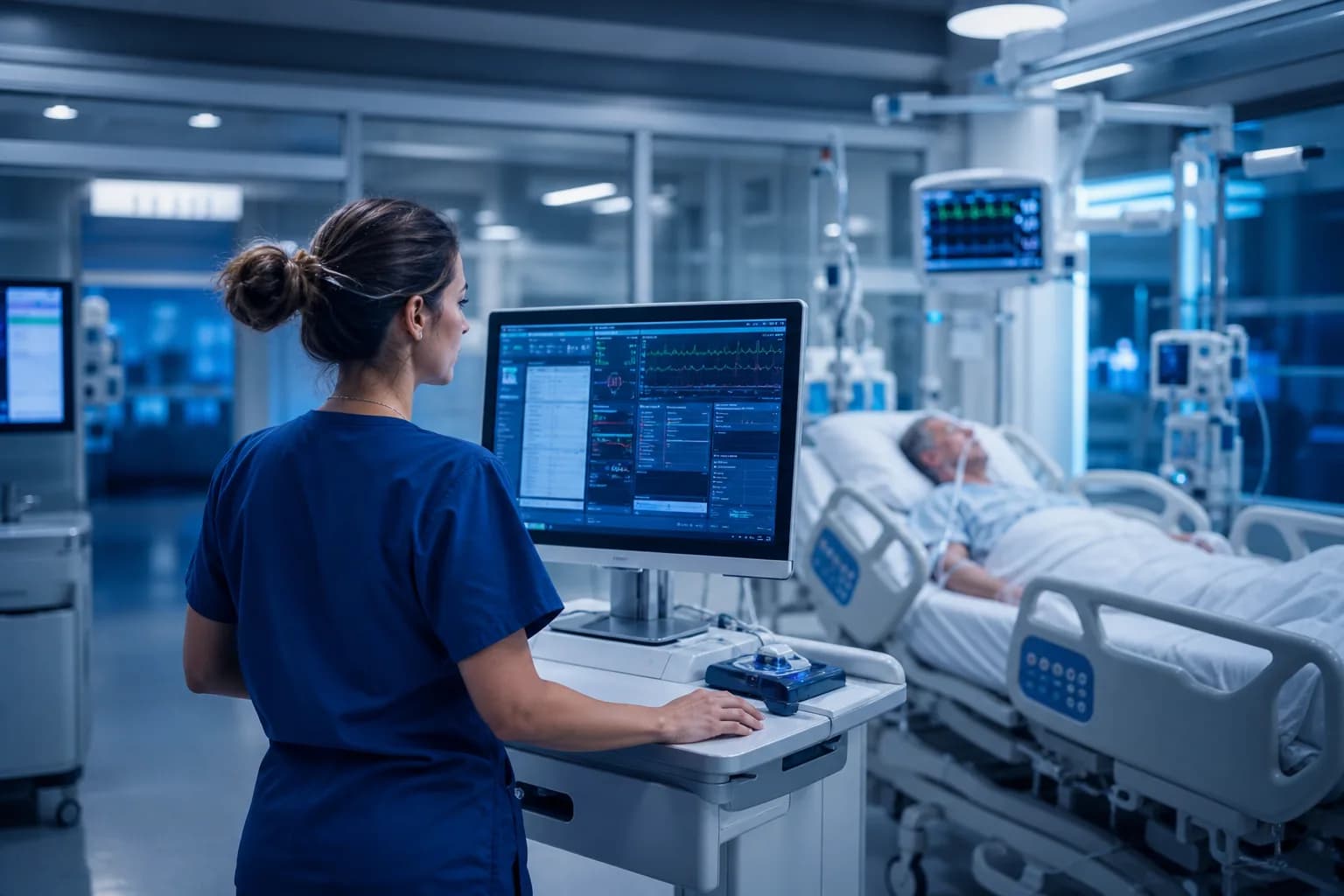 Critical care nurse using bedside EHR to monitor and document patient safety data