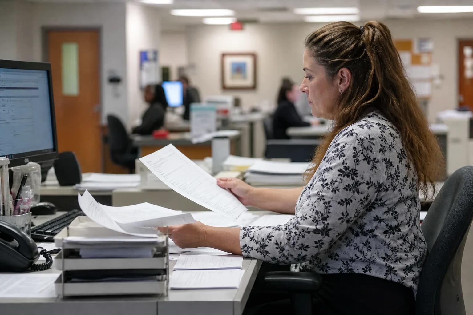 Consultant and scheme coordinator reviewing pre-authorisation documentation before submission