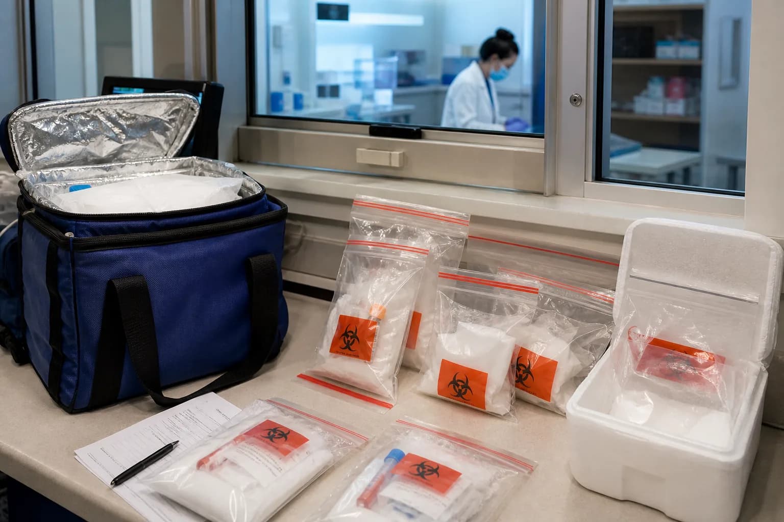 Technologist scanning a barcoded specimen tube at a laboratory accessioning station
