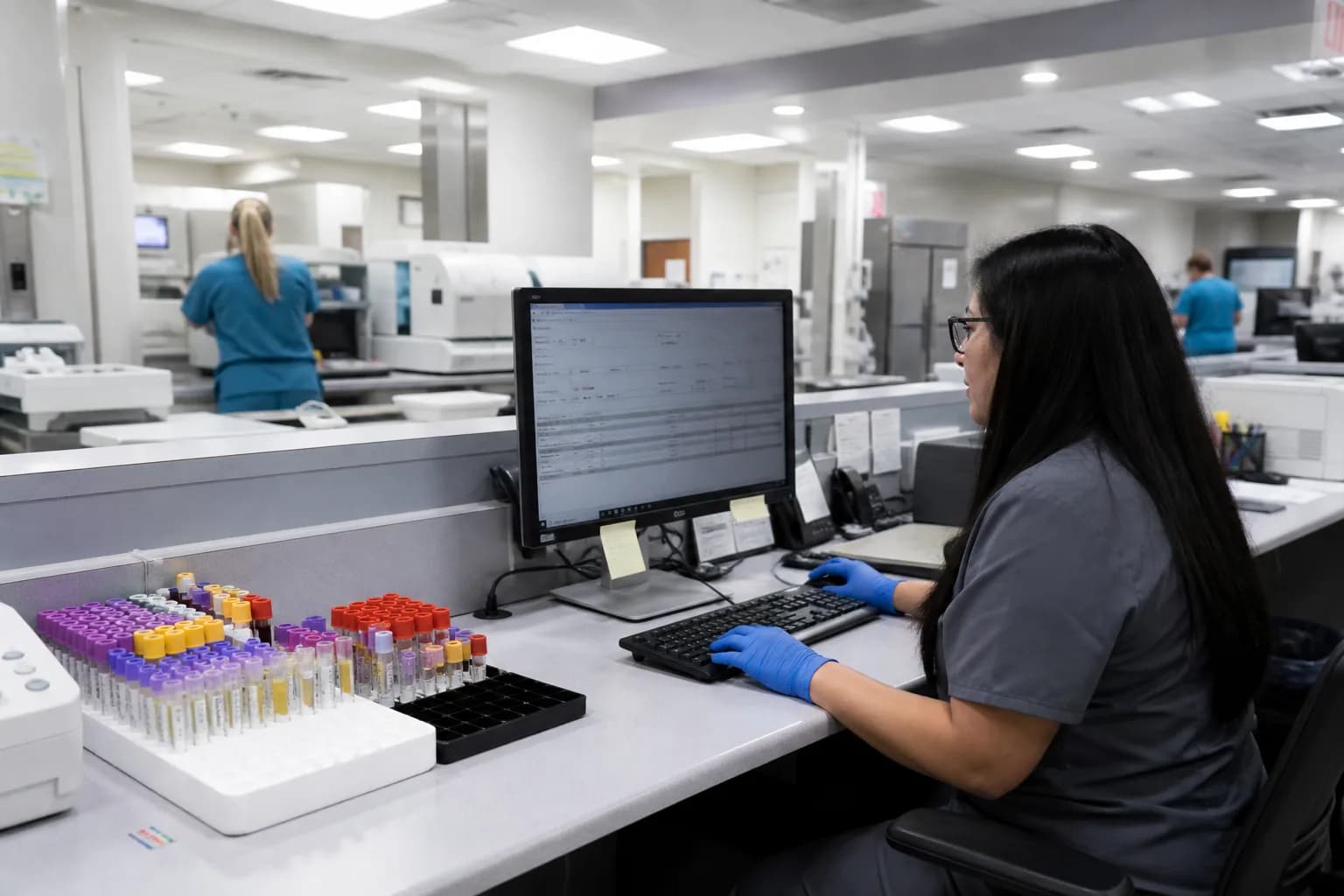 Nurse performing a bedside point-of-care test on a ward while the result uploads to the record