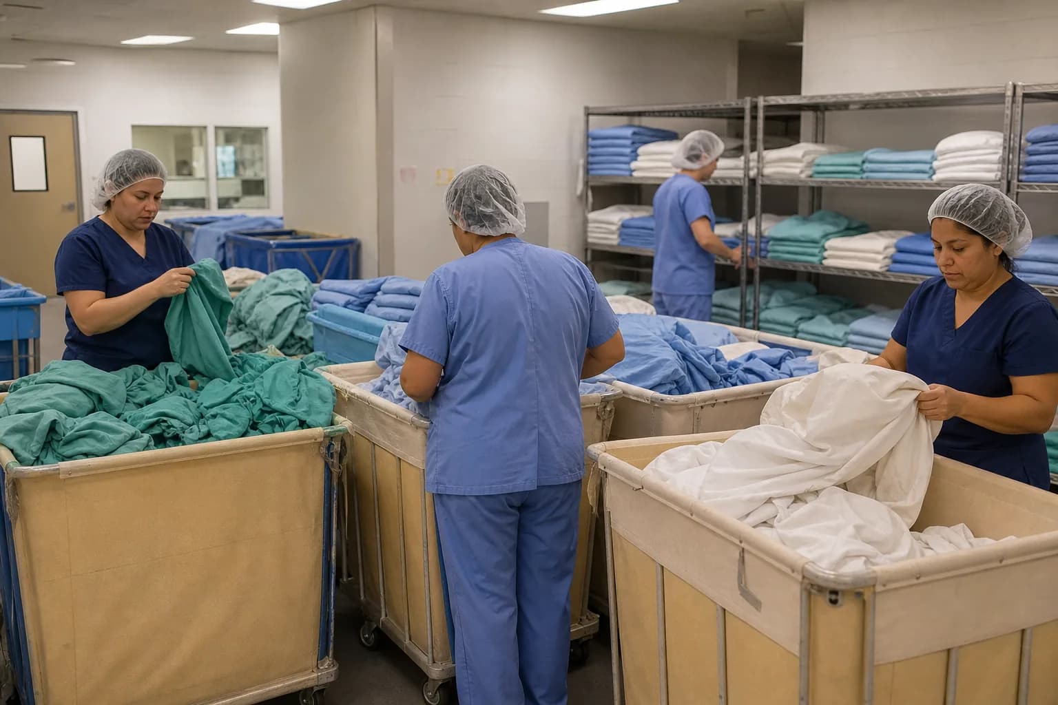Colour-coded biomedical waste bins positioned at the point of generation in a ward