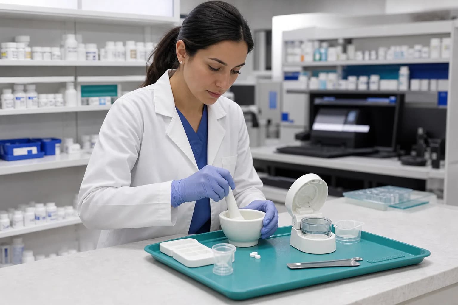 Compounding technician working in a laminar airflow cabinet with a labelled preparation worksheet