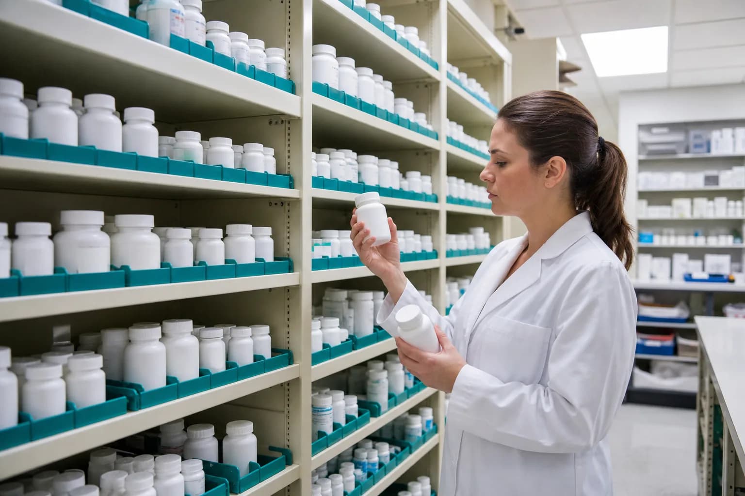 Nurse and pharmacist reconciling medication orders as a patient transfers from intensive care to the ward
