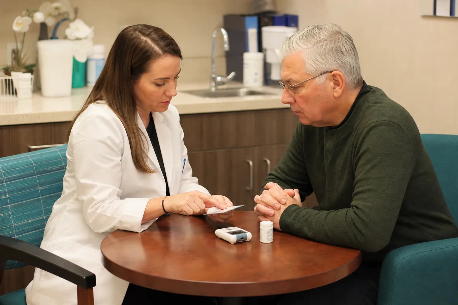Discharge medication list showing continued, stopped, and newly started medicines with reasons