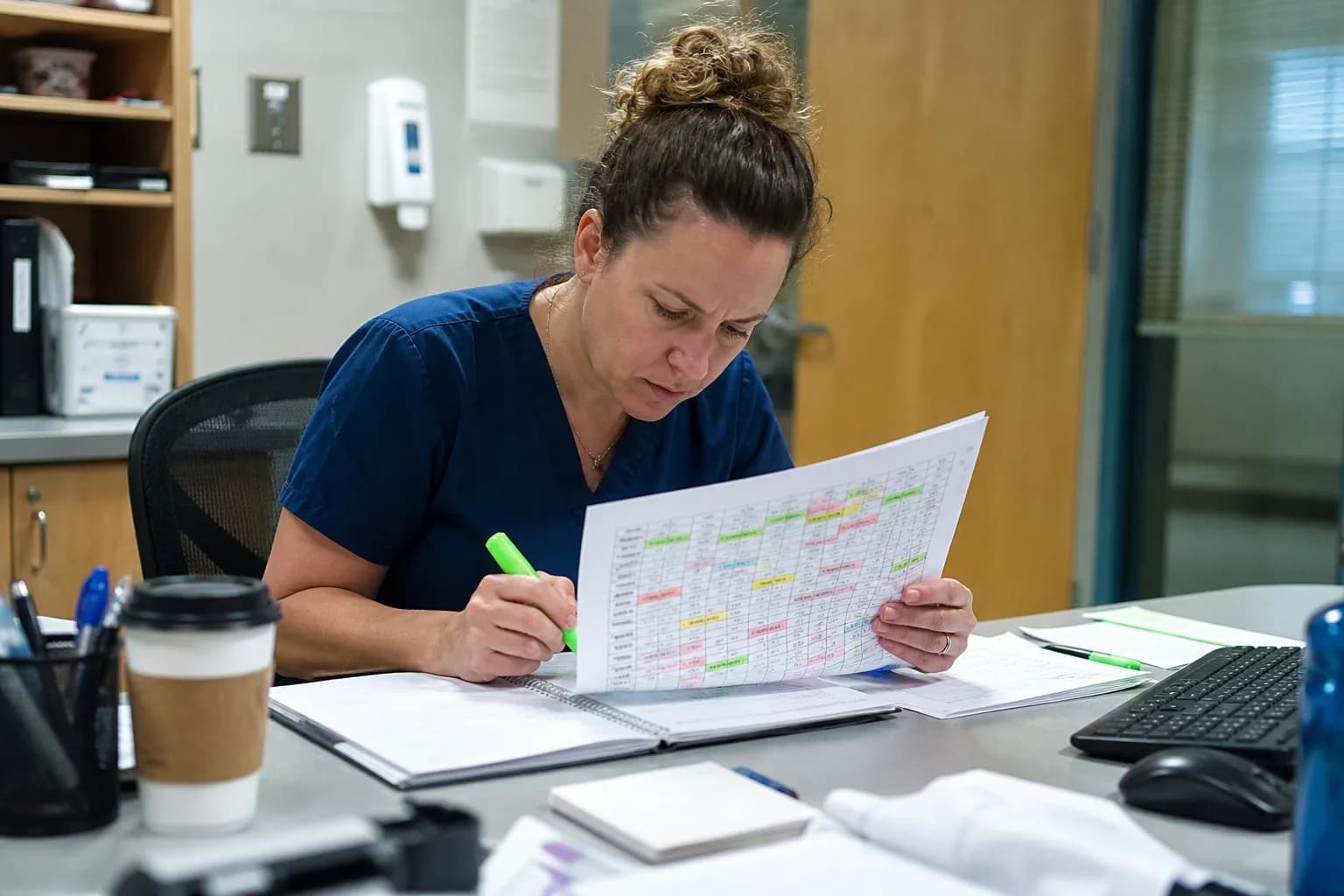 Accreditation assessor reviewing hospital nursing staffing documentation and duty rosters