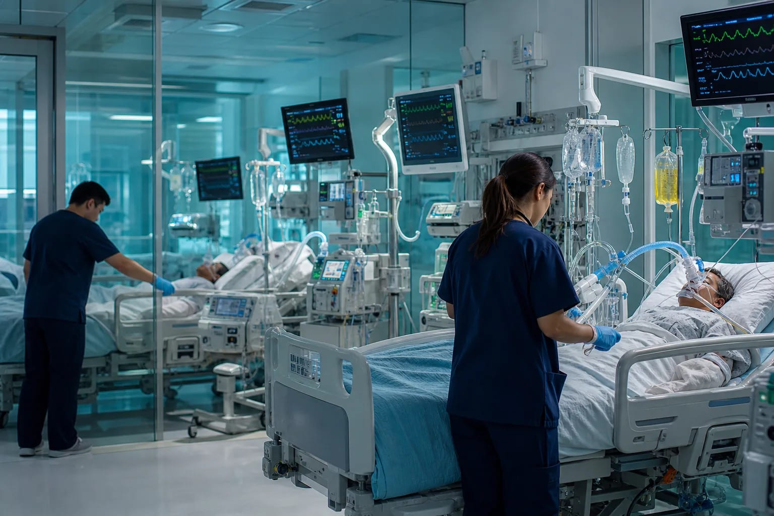Hospital inpatient room with monitoring equipment and a prepared bed