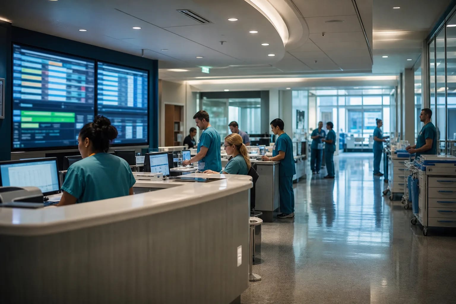 Hospital operations hub with live ward displays, reception, and clinical equipment