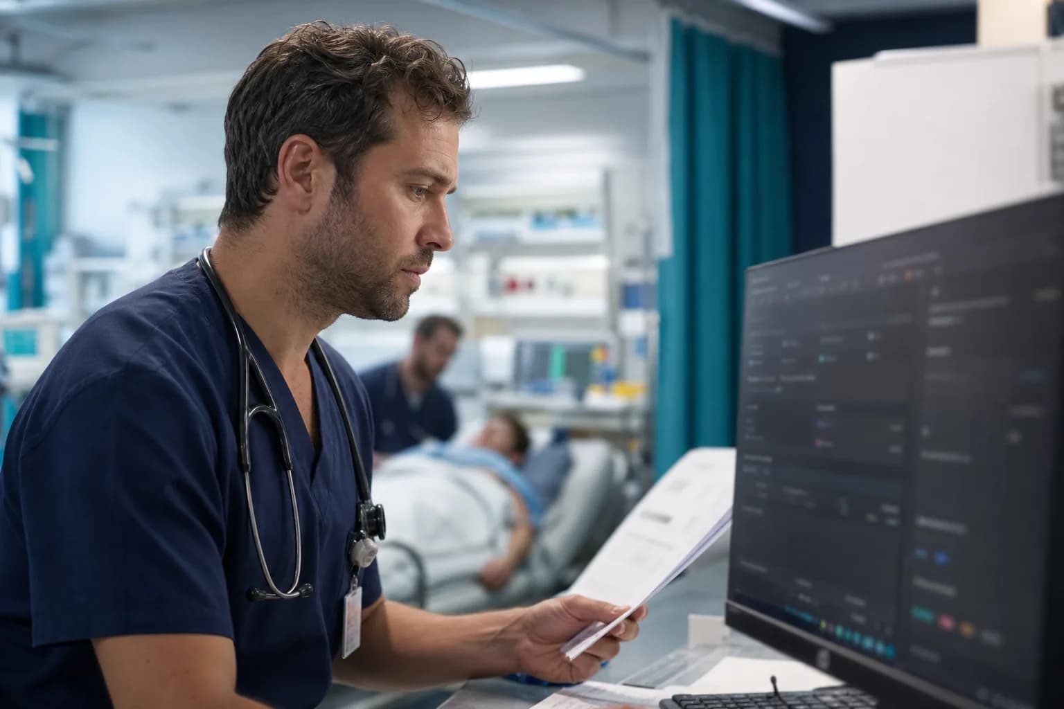 Clinician pasting a clinical note into a consumer chatbot on a personal device
