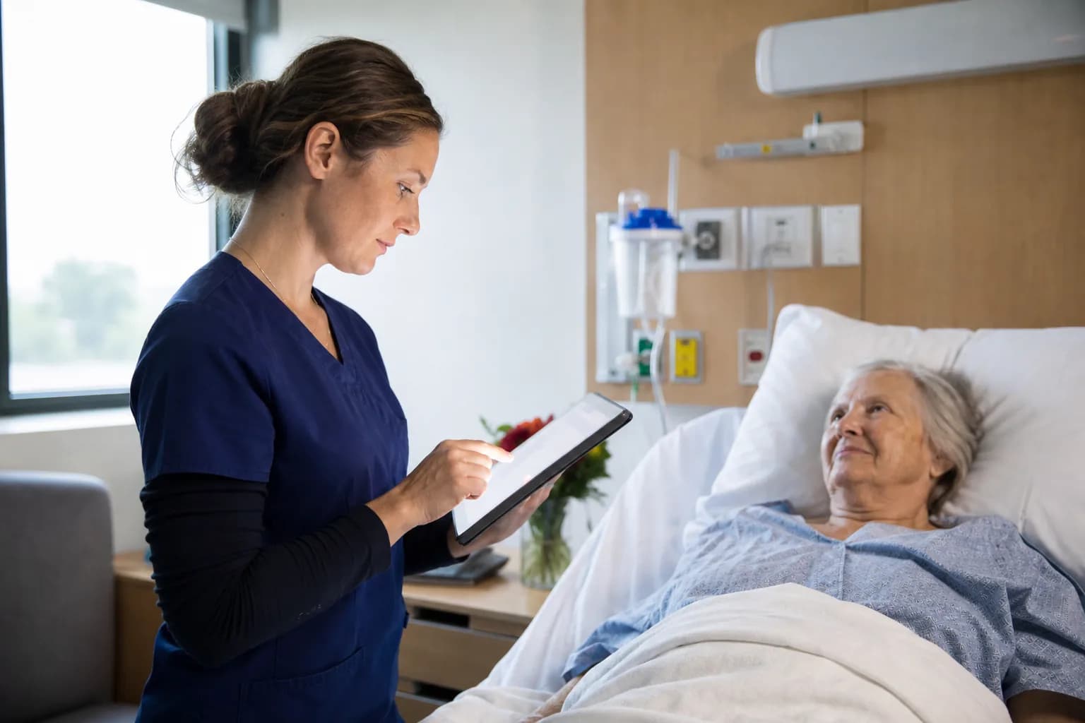 General practitioner reading a discharge summary during a short follow-up consultation