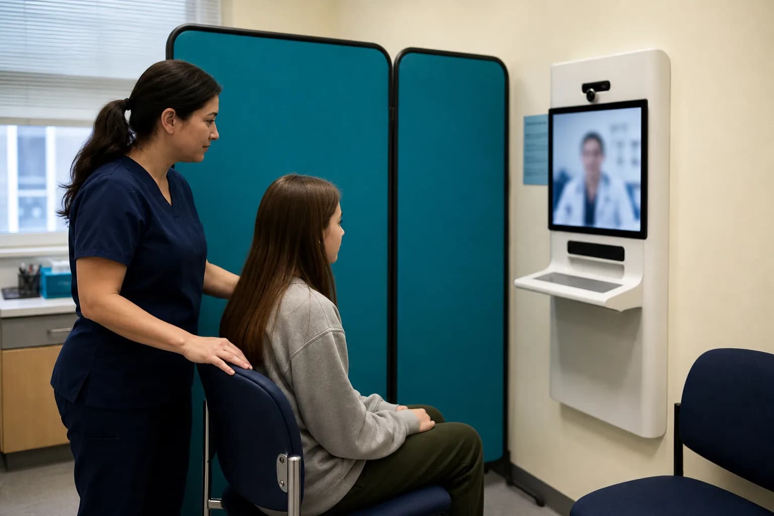 Remote intensivist at a hub console reviewing waveforms from a spoke hospital ICU bed