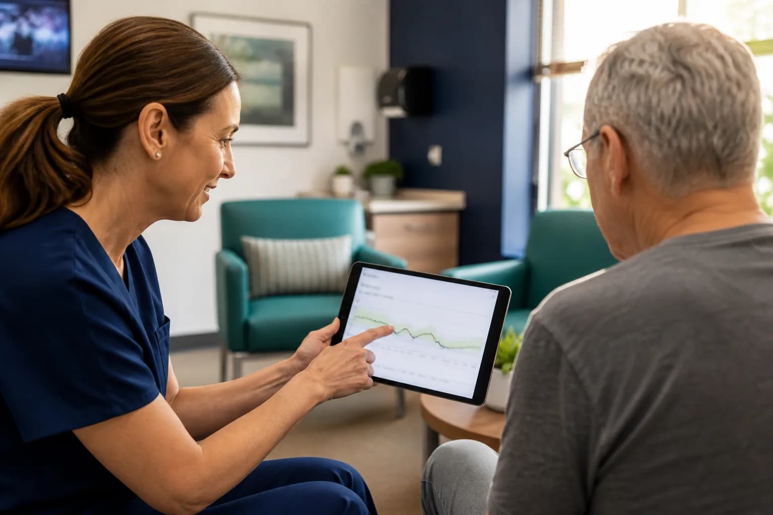 Daily home care schedule showing morning visit, midday tele-round and evening check